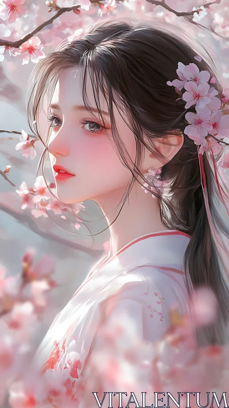 Chromatic portrait amid volumetric cherry blossom diffusion.