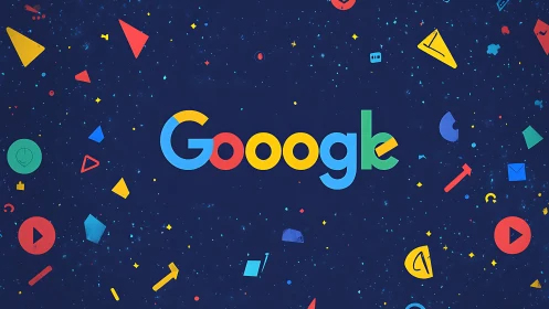 Playful multicolor wordmark on deep blue space field.