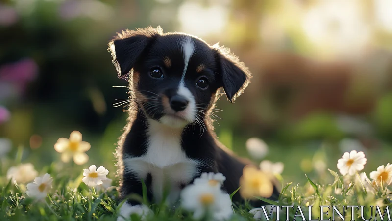 Sweet puppy resting in soft spring meadow light.