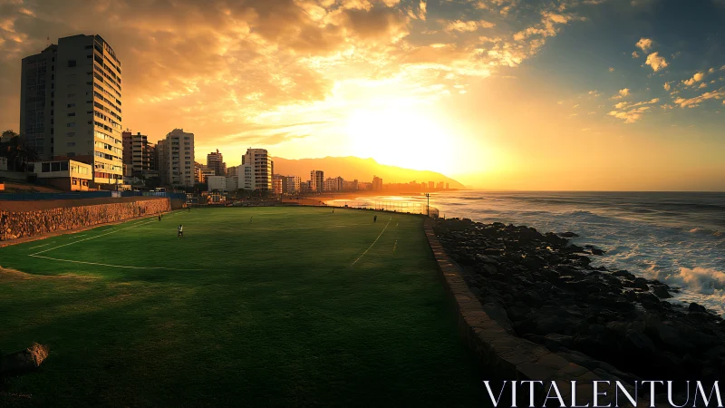 Sunset-lit coastal soccer field bordered by city high-rises