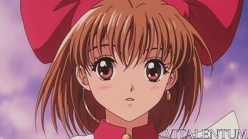 Anime heroine portrait with pink bow and pastel sky backdrop.