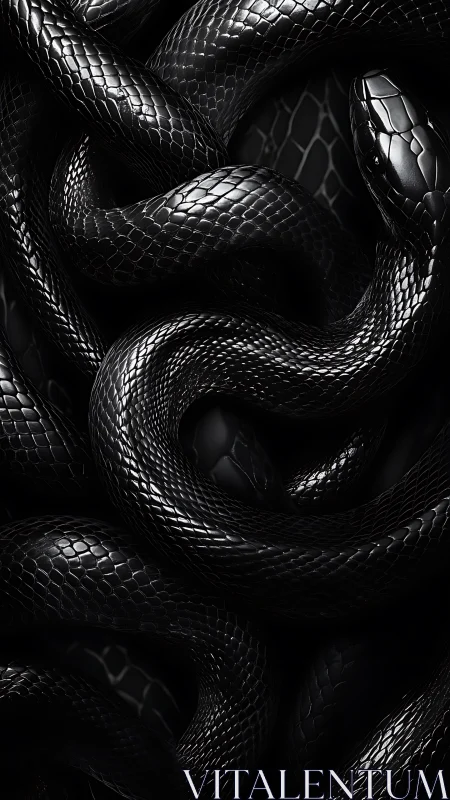 Obsidianscale serpents entwined in high-gloss chiaroscuro study.