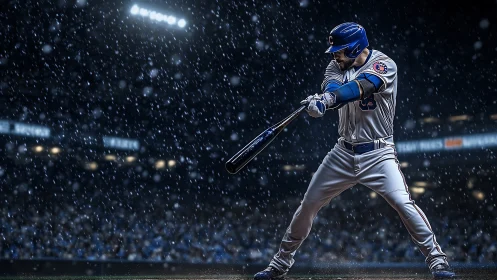 Baseball batter in night stadium under artificial snowfall.