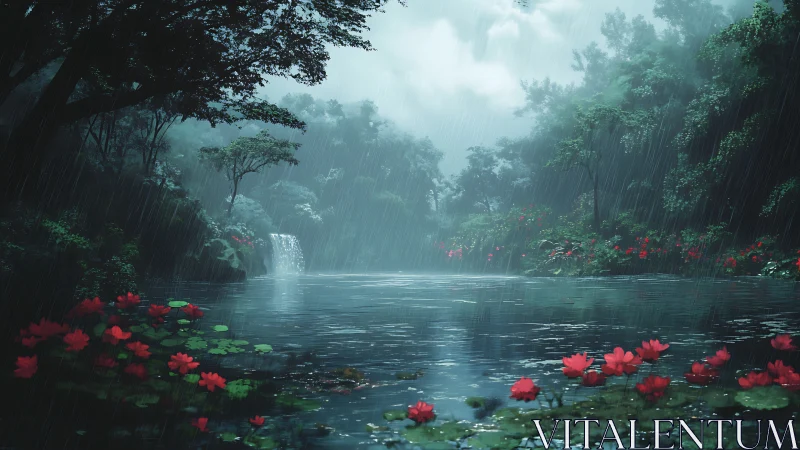 Rain-soaked jungle lagoon with scarlet lotus blooms.
