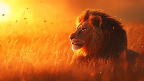 Sunfire monarch lion resting in an ember-kissed savanna.