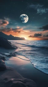 Lunar-illuminated seascape unites sunset chroma and tidal motion