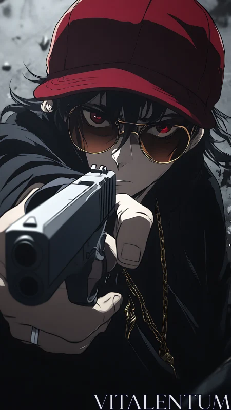 Red-capped gunman locks the world in a cold crimson stare.