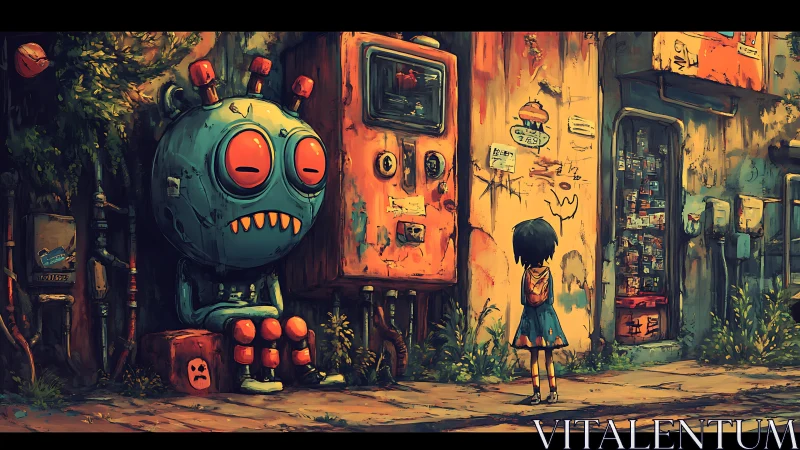 Melancholic street robot and child in distressed urban alleyway.