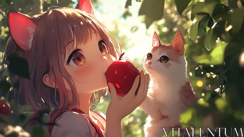 Catgirl shares red apple moment with curious kitten.