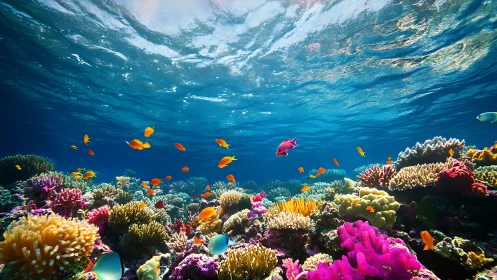 Underwater coral garden alive with playful tropical fish.