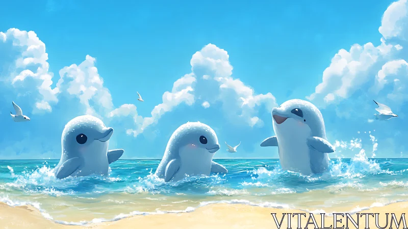 Playful baby dolphins splashing together in sunny surf.