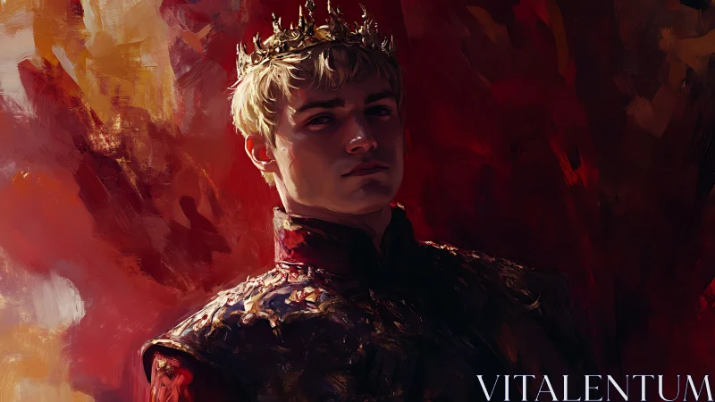 Regal young king gazes outward in rich crimson light