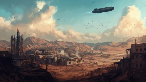 Sunlit desert ruins beneath a hopeful passing starship.