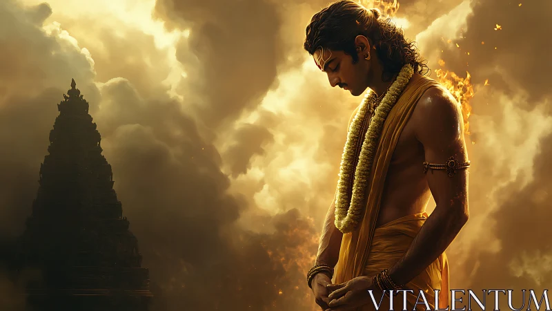 Devotional figure in golden light beside looming temple silhouette