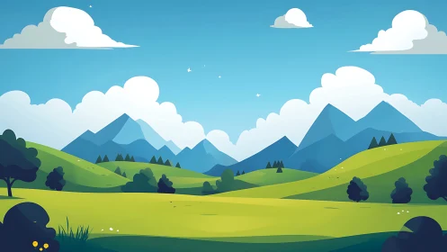 Stylized green hills and distant blue mountains under clouds.