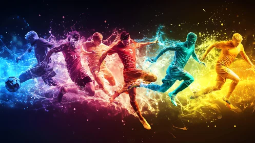 Colorized digital soccer players run through splashing light