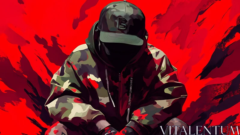 Hooded figure in camouflage against abstract red field.