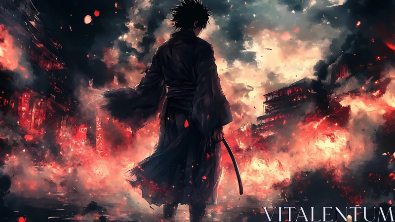 Lone swordsman strolls through a burning city of embers