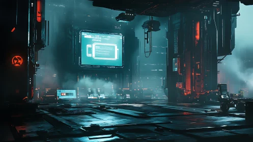 Neon fog warehouse hums with cryptic cybernetic machinery.