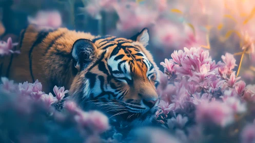 Tiger rests amid soft pink blossoms in dreamy haze