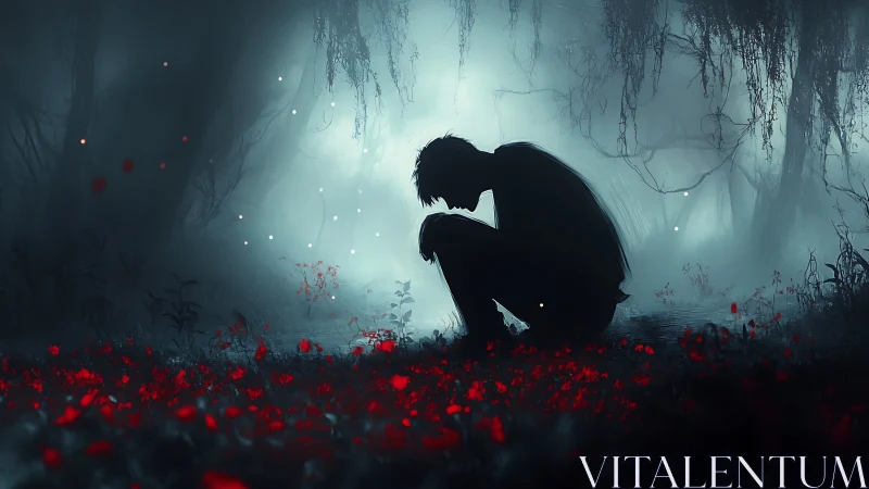 Mist-drowned forest cradles a kneeling shadow in scarlet bloom