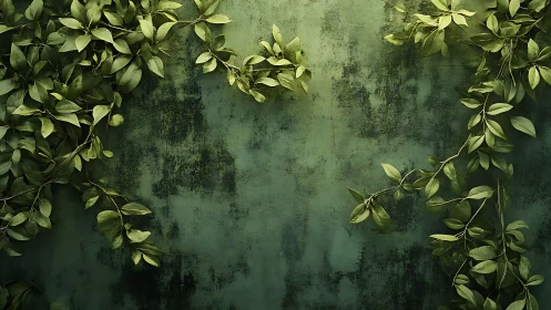 Botanical tendrils framing textured green patina wall.