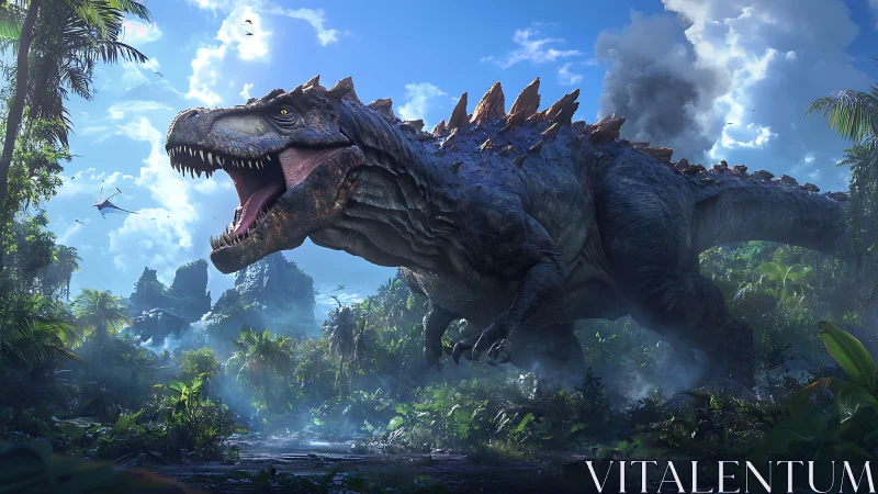 Thunder-jawed jungle titan storms through primeval mist.