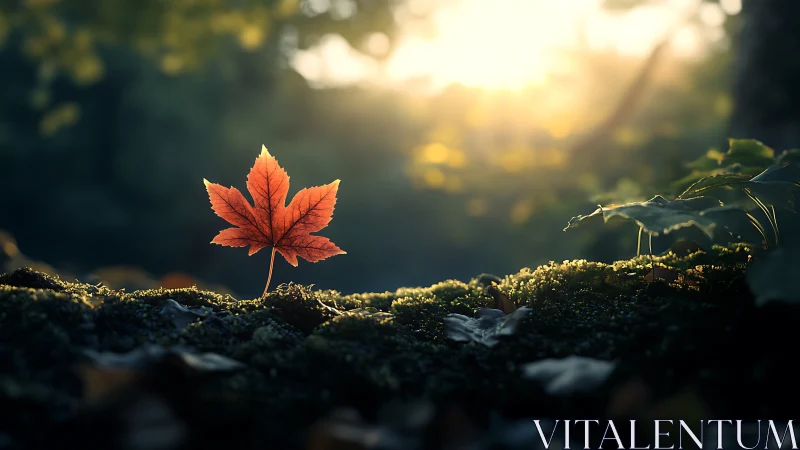 Backlit maple leaf isolated in shallow-depth forest foreground