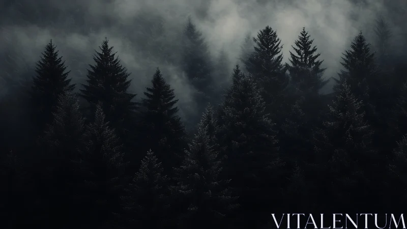 Dense coniferous forest under low-lying fog at dusk.