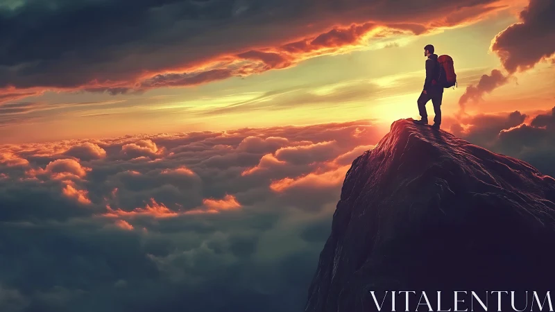 Solitary trekker silhouetted on fiery cloud-wreathed summit.