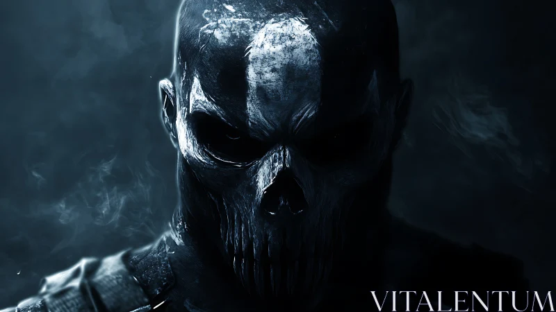 Skull-masked warrior in high-contrast monochrome lighting.