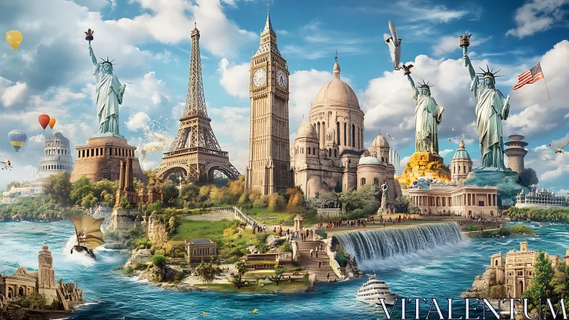 Surreal composite skyline merges global monuments in one riverine landscape