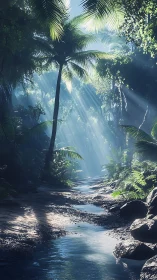 Sunlit jungle stream winds through lush tropical canyon.