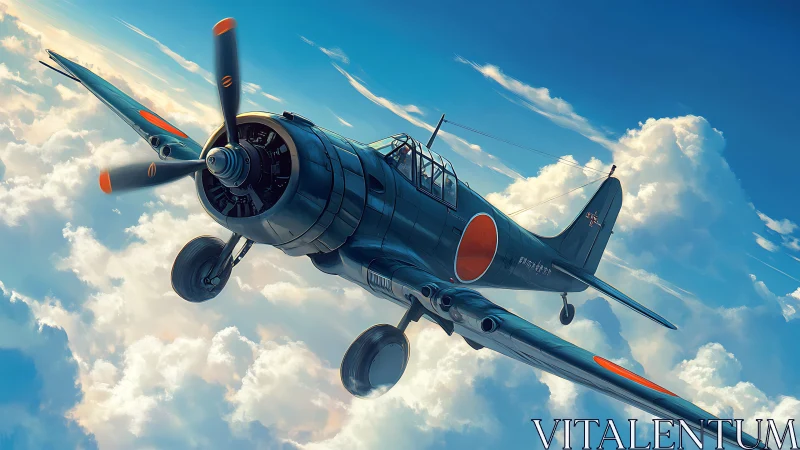 Japanese single engine fighter aircraft in clouded sky.