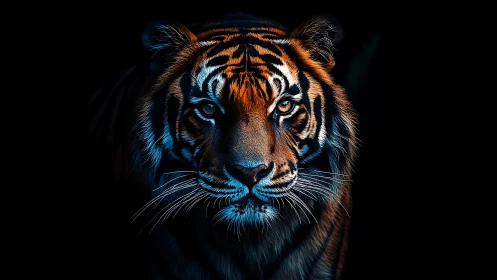 Tiger face rendered with high contrast blue and orange lighting