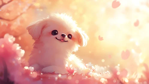 Fluffy white puppy in glowing pastel sakura bokeh field.