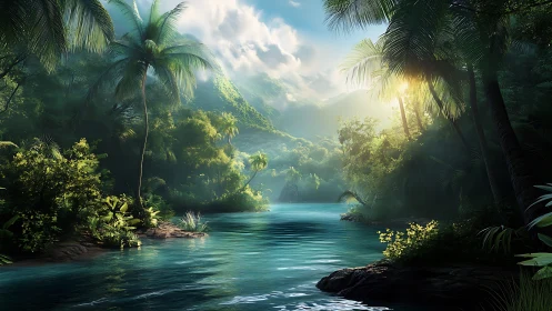 Tropical river valley with volumetric sunrise over dense rainforest