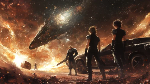 Four armed figures observe descending spacecraft in fiery sky