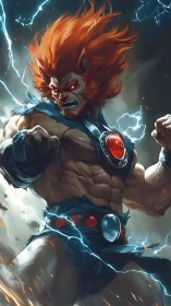 Anthropomorphic warrior stands amid lightning with energy medallion