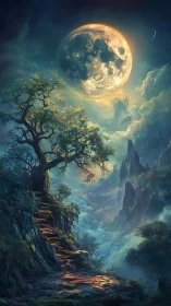Luminous supermoon over misted cliffs with winding tree path