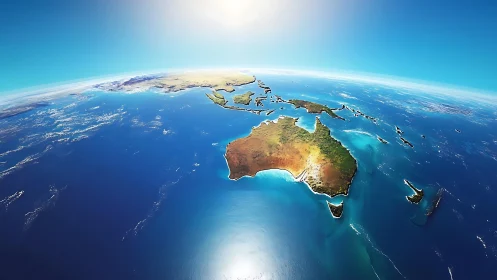 Satellite view over Australia and Pacific in vivid daylight.