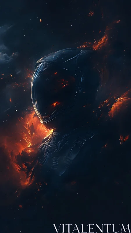 Astronaut silhouette burns through cosmic ember storm.