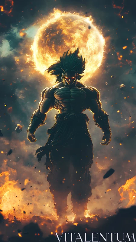 Fiery warrior ascends beneath a blazing cosmic sun