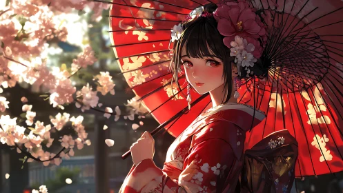 Anime kimono portrait with parasol under luminous sakura canopy.