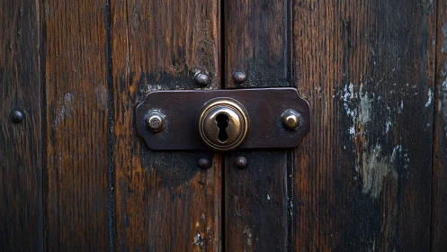 Old wooden door displays central brass keyhole plate