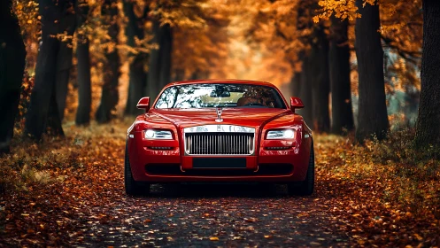 Red luxury sedan on tree-lined autumn forest road, frontal