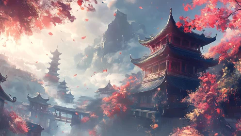 Ancient mountain temples glow amid drifting cherry blossoms.