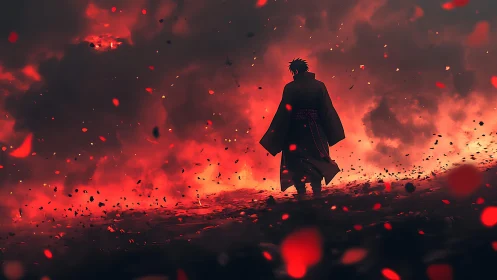 Lone warrior strides through burning embers and crimson storm.