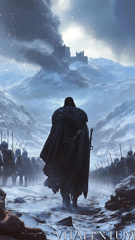Solitary cloaked commander advances toward burning snowbound fortress