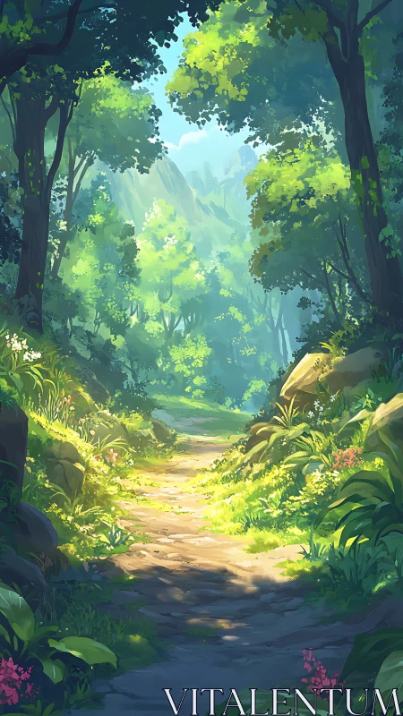 Sunlit Forest Path Through Ancient Woods
